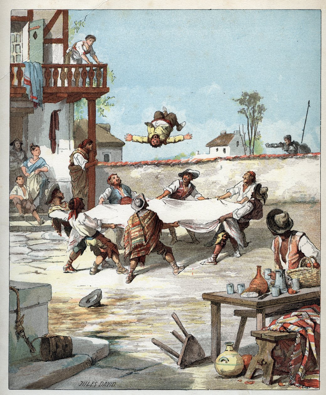W Inn Sancho Pansa jest poturbowany, wzywa swojego mistrza Don Kichota, aby mu pomógł - W hotelu des gaillards robią voltigera Sancho Pansę z kocem, Sancho wzywa, aby pomóc swojemu mistrzowi Don Kichotowi - Ilustracja Julesa Davida (1808-1892) z Historia autorstwa Jules David