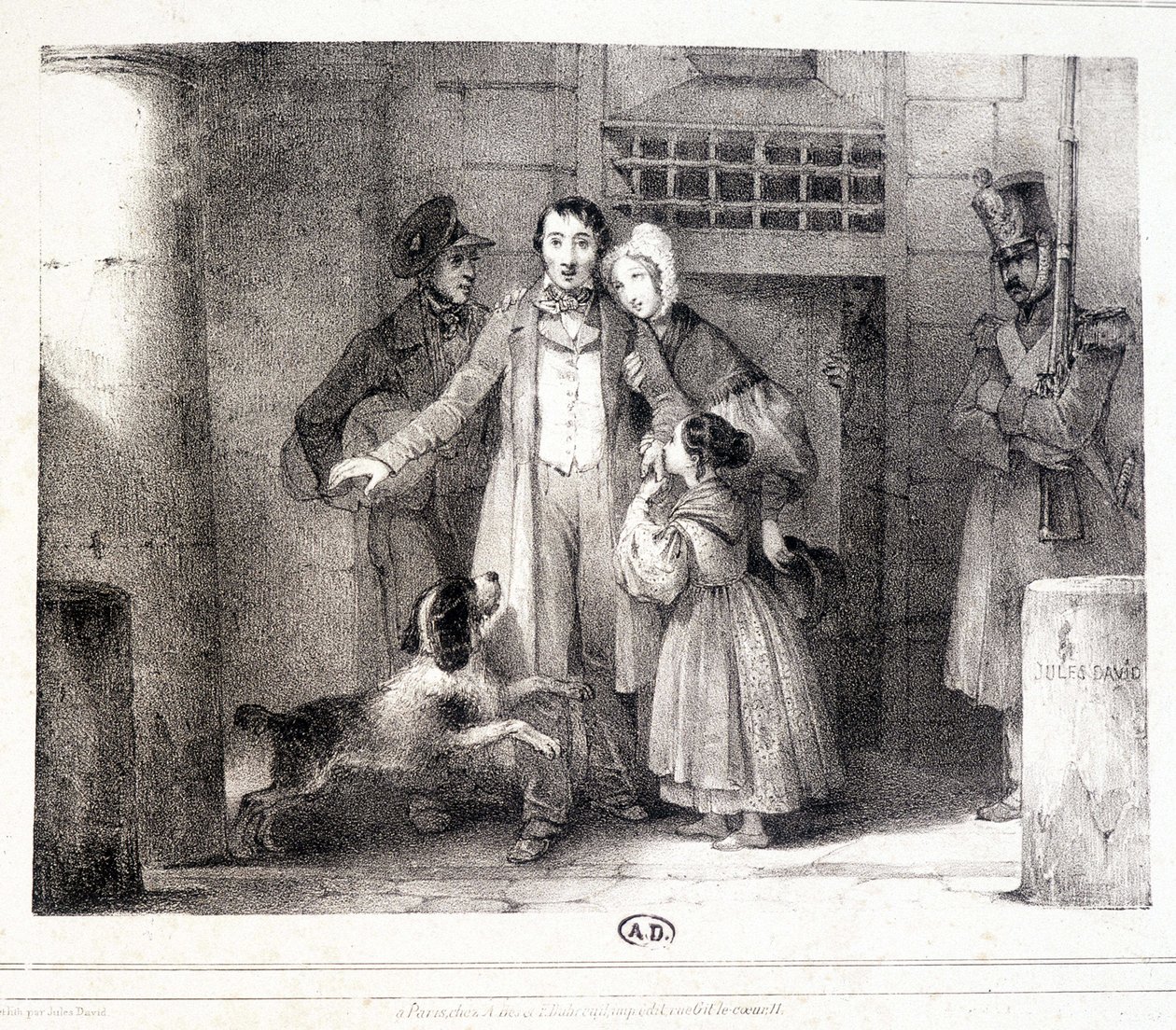 Mężczyzna opuszczający więzienie i spotykający się z rodziną, ok. godz. 1830. autorstwa Jules David