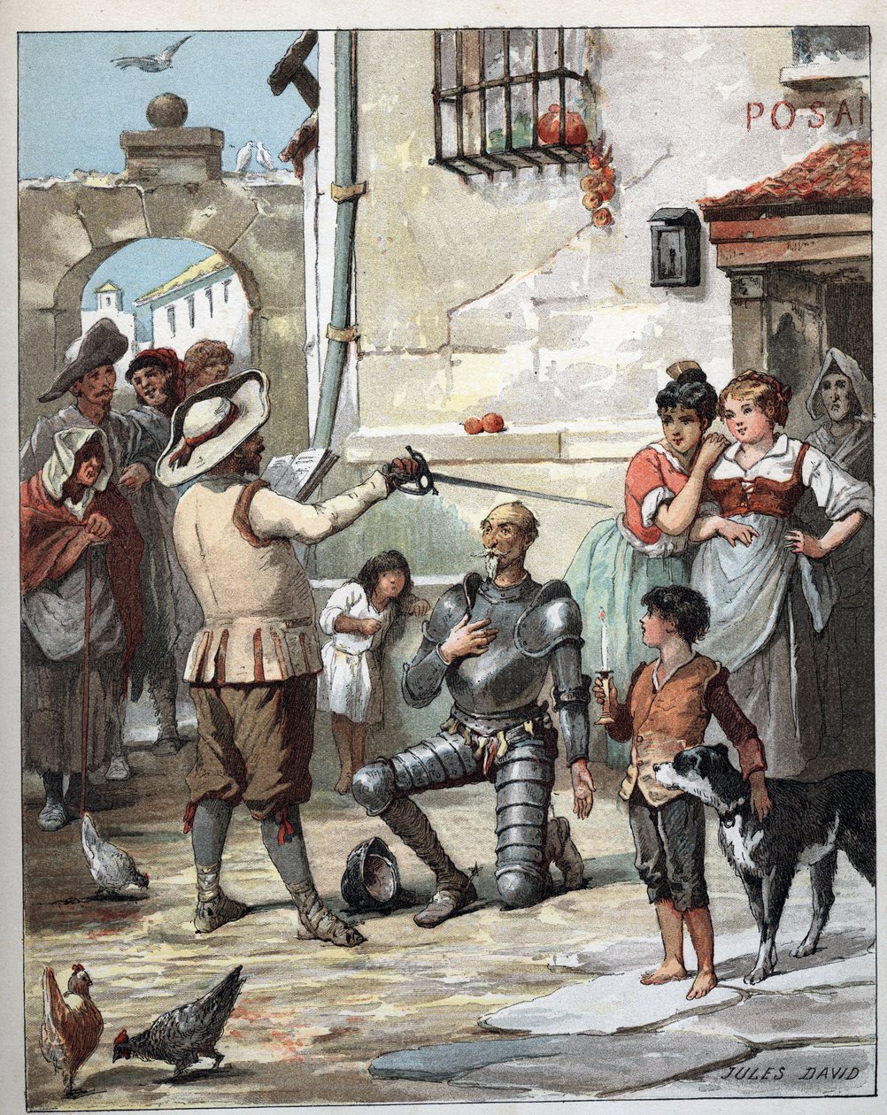 Przed karczmą, Don Kichot staje się rycerzem - Ilustracja Julesa Davida (1808-1892) z Histoire de Don Kichot (Don Kichota) - 1887 - autorstwa Miguela de Cervantesa Saavedra (1547-1616) - autorstwa Jules David