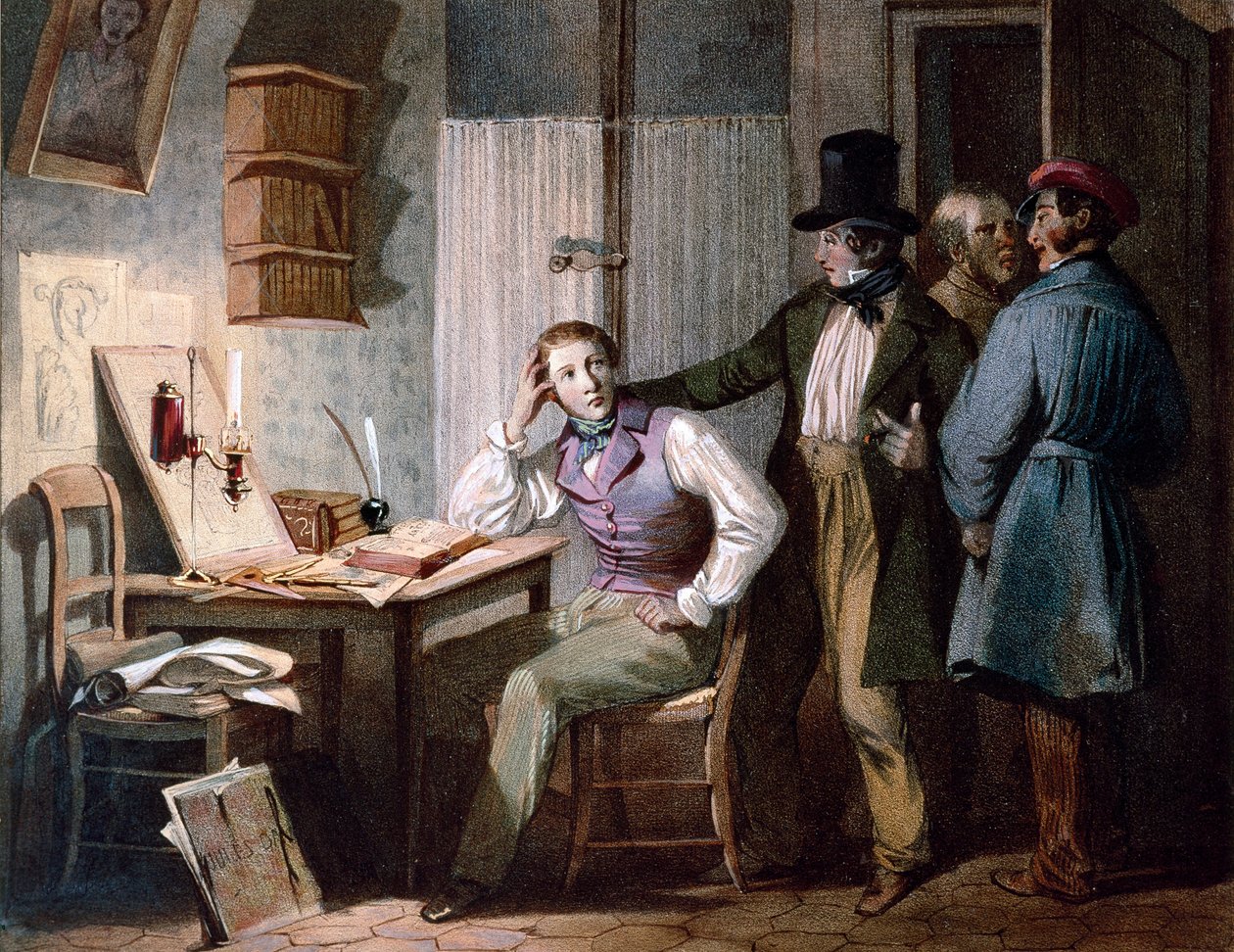 Nauka. Pilny student w swoim biurze zostaje w pracy, podczas gdy jego przyjaciele wychodzą. Grawerowanie barwne autorstwa Julesa Davida (XIX wiek). Paryż, Muzeum Carnavalet autorstwa Jules David