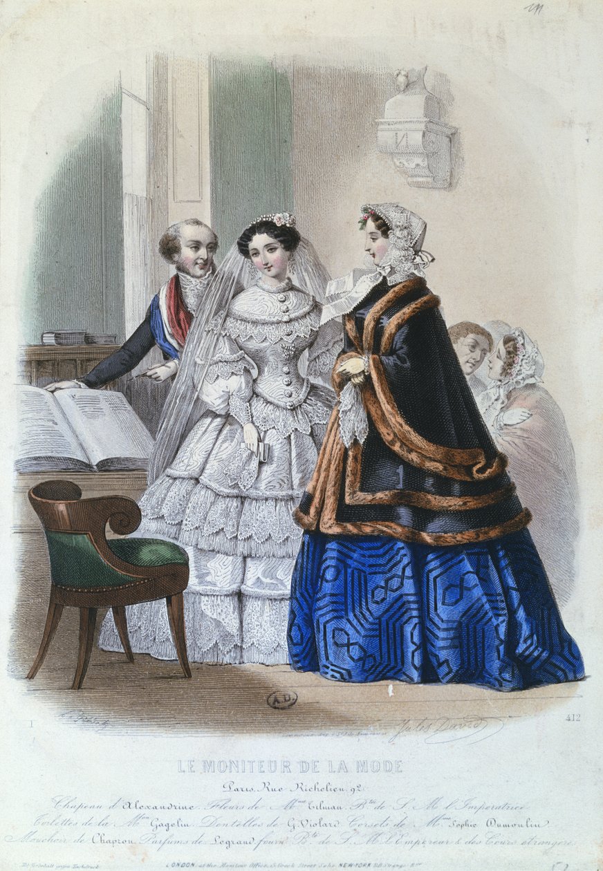 Suknia ślubna, modny talerz z Le Moniteur de la Mode, 1854 autorstwa Jules David