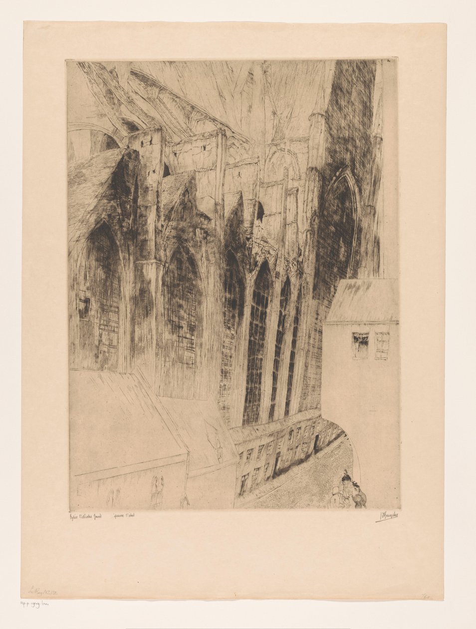 Widok fasady bocznej Sint-Niklaaskerk w Gandawie Eglise St Nicolas Gand (tytuł na obiekcie) Rue du Chapeau Rouge a Gand autorstwa Jules De Bruycker (signed by artist)