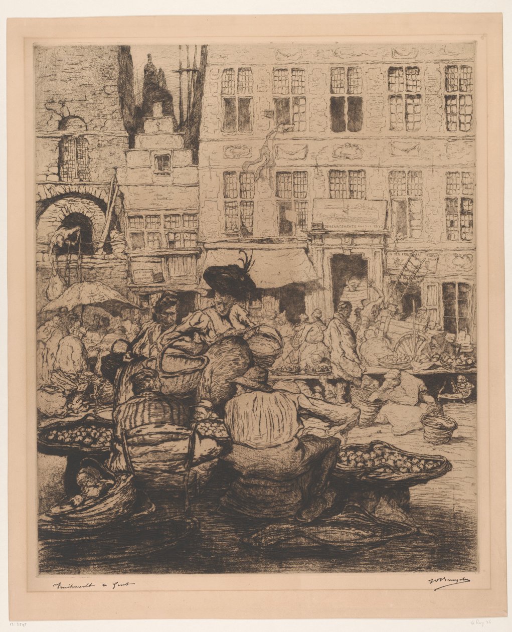 Pejzaż miejski z targiem owoców w Gandawie Targ owocowy w Gandawie (tytuł na obiekcie) autorstwa Jules De Bruycker (signed by artist)