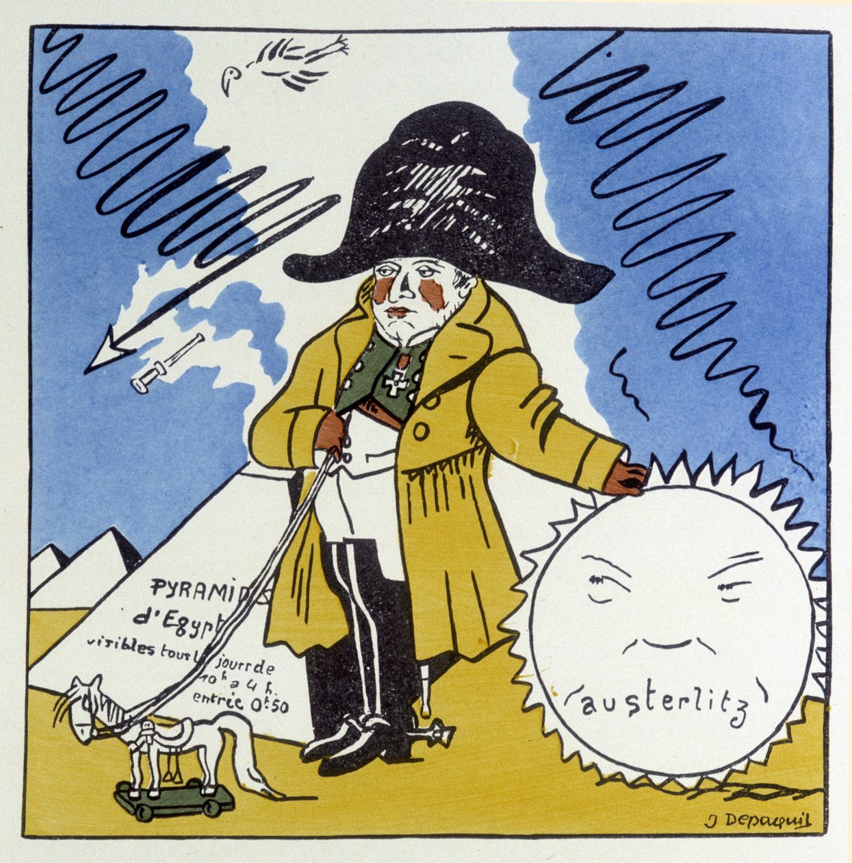 Austerlitz, Jena, Wagram: Karykatura z 1. Napoleona - w „Histoire de France” Julesa Depaquita, il. sam, wyd. Jonquieres, Paryż autorstwa Jules Depaquit