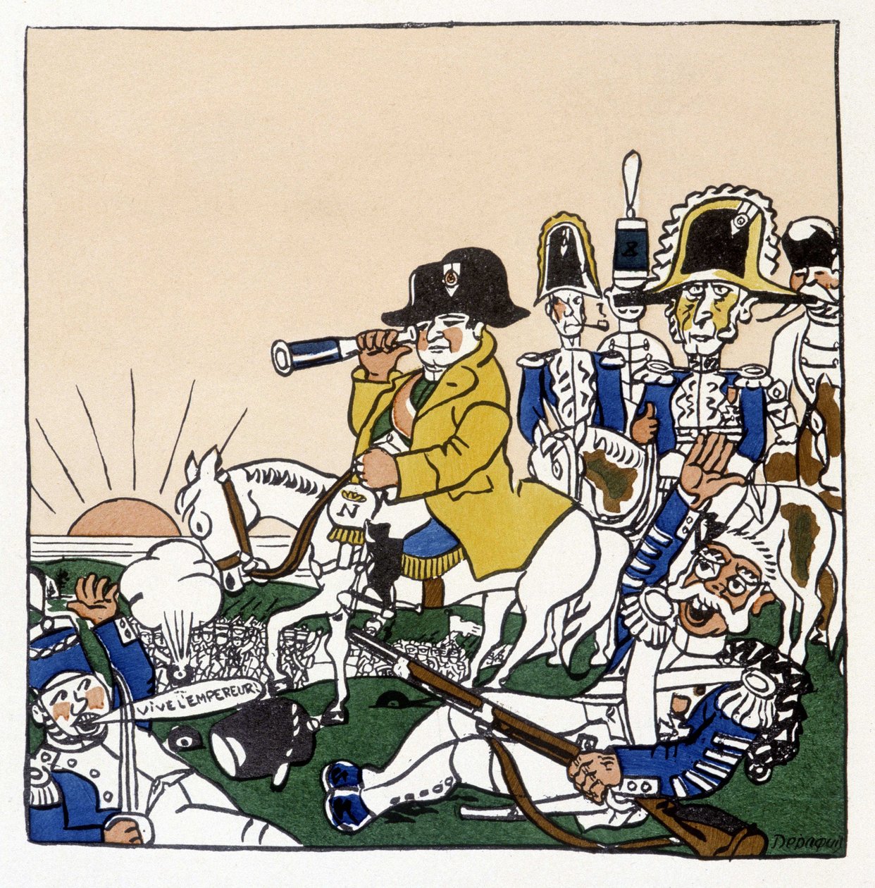 Napoleon w bitwie pod Austerlitz (1805) - w „Histoire de France” Julesa Depaquita, il. sam, wyd. jonquières, Paryż autorstwa Jules Depaquit