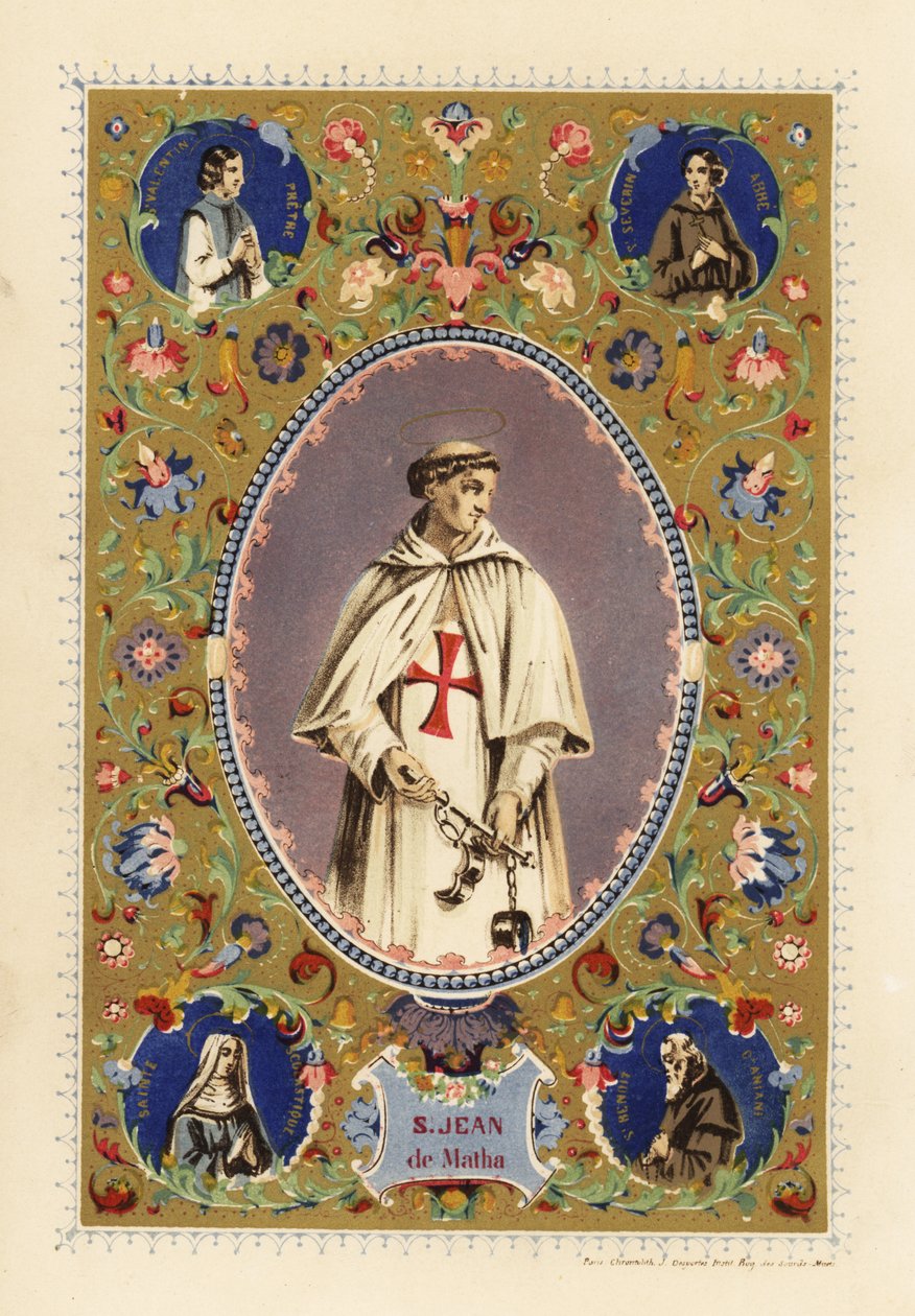 Portret św. Jana z Mathy, założyciela Zakonu Trójcy Przenajświętszej, z aureolą, w szatach krzyżowców, trzymającego kajdany uwolnionych chrześcijan autorstwa Jules Desportes