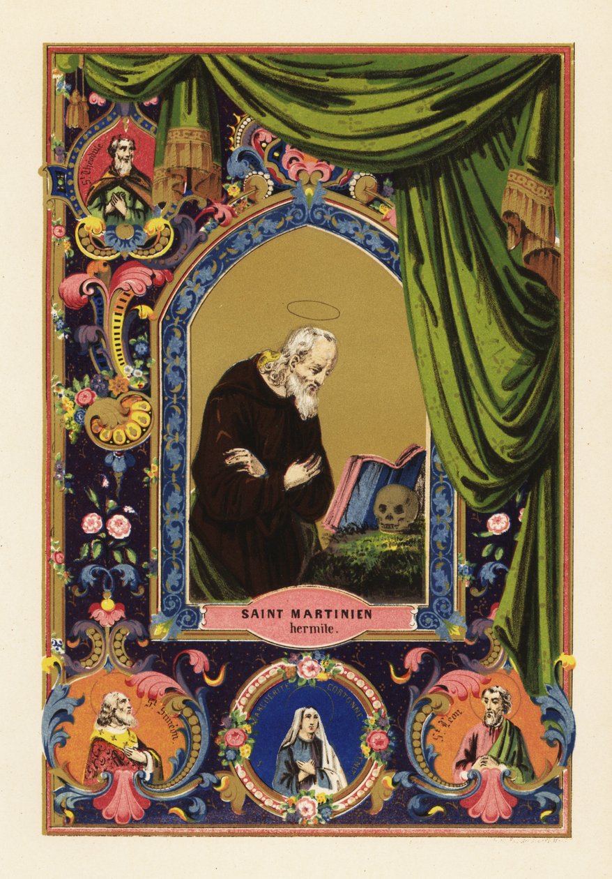 Portret świętego Martiniana, pustelnika z Cezarei w Palestynie, z aureolą, czytającego Biblię opartą o ludzką czaszkę, w ozdobnym obramowaniu zasłon i listowia autorstwa Jules Desportes