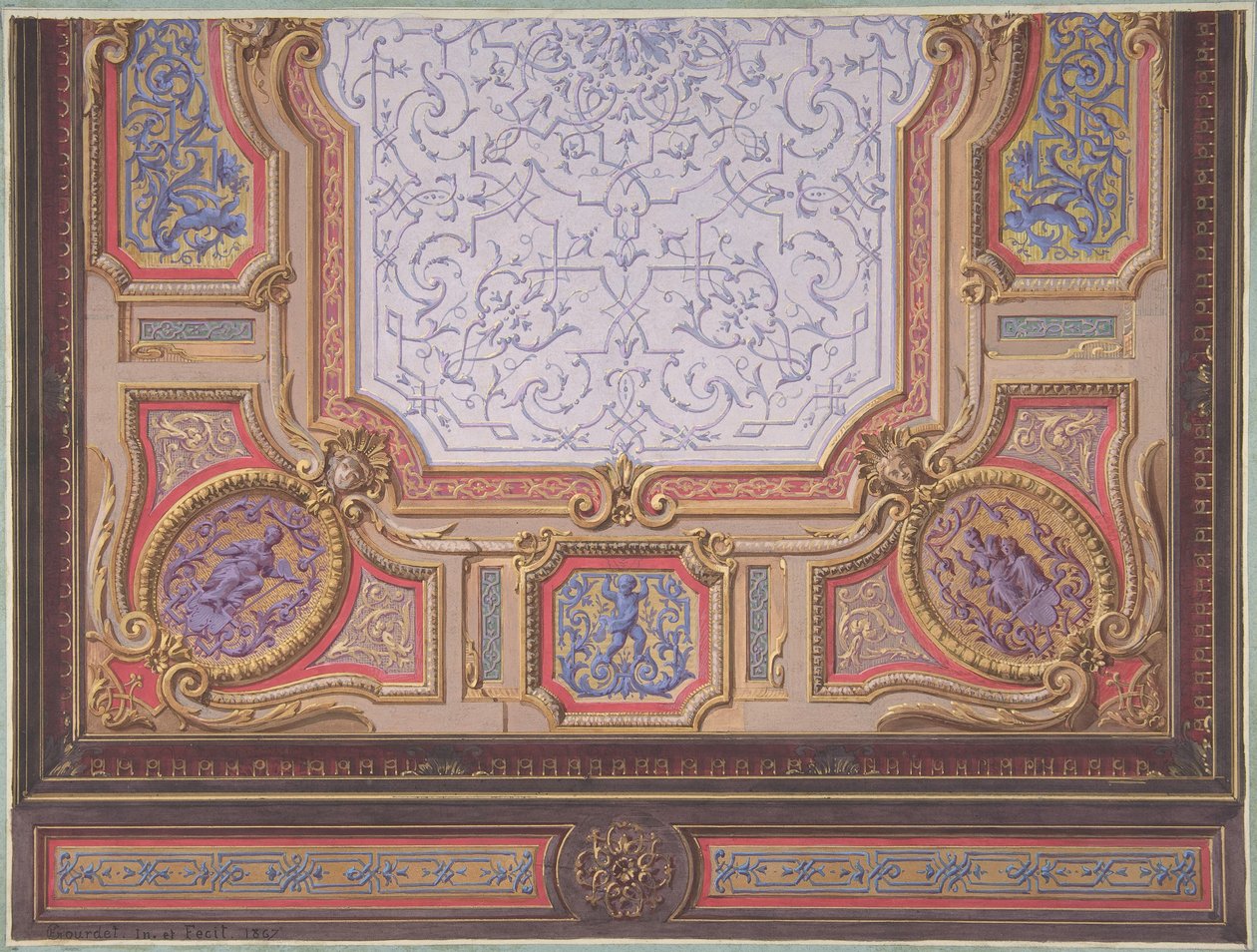 Projekt sufitu Grand Salon, Hôtel Hope, 1867. Twórcy: Jules-Edmond-Charles Lachaise, Eugène-Pierre Gourdet. autorstwa Jules Edmond Charles Lachaise and Eugène Pierre Gourdet