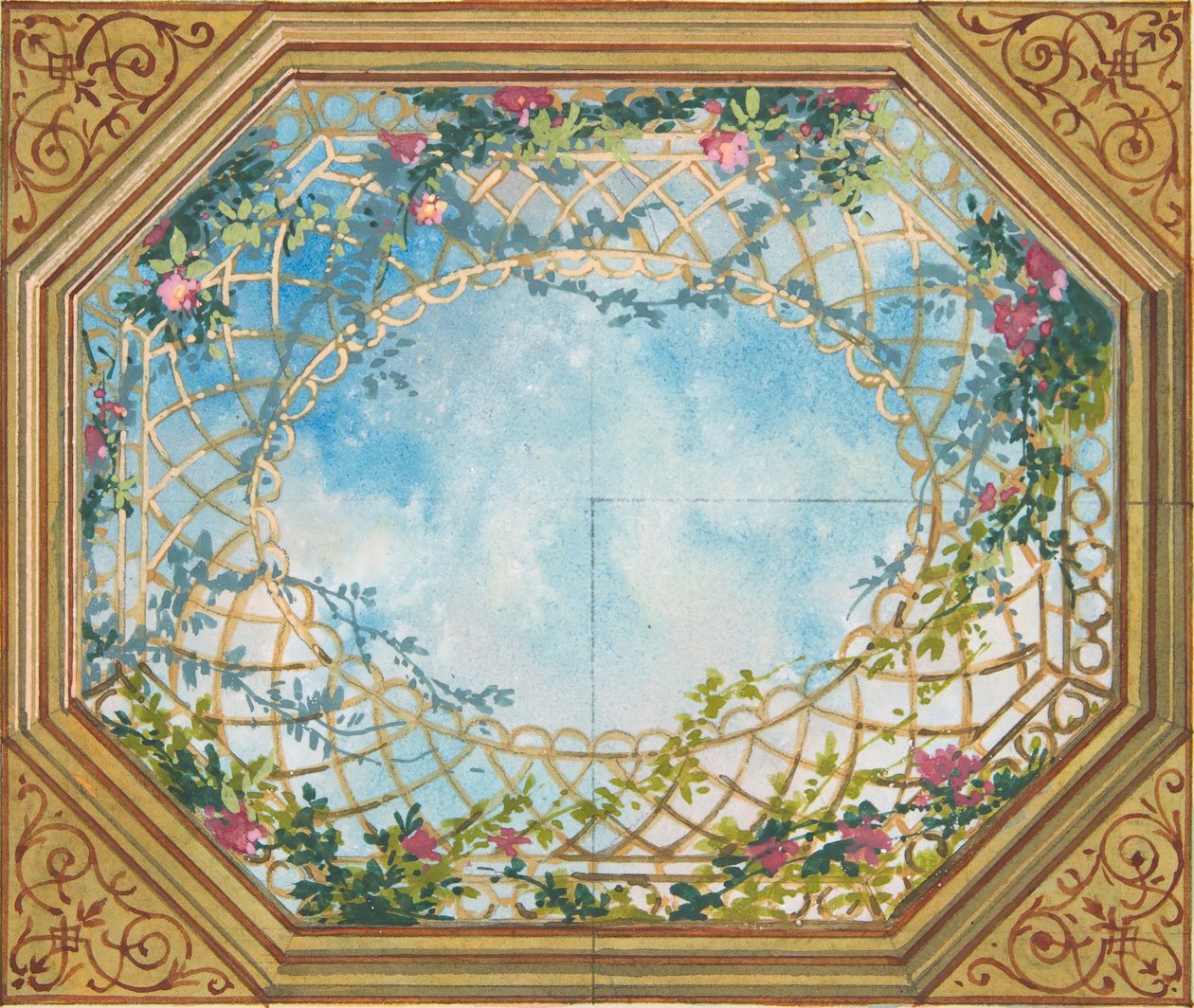 Projekt sufitu malowany w chmury, kraty i róże, II poł. Twórcy: Jules-Edmond-Charles Lachaise, Eugène-Pierre Gourdet. autorstwa Jules Edmond Charles Lachaise and Eugène Pierre Gourdet