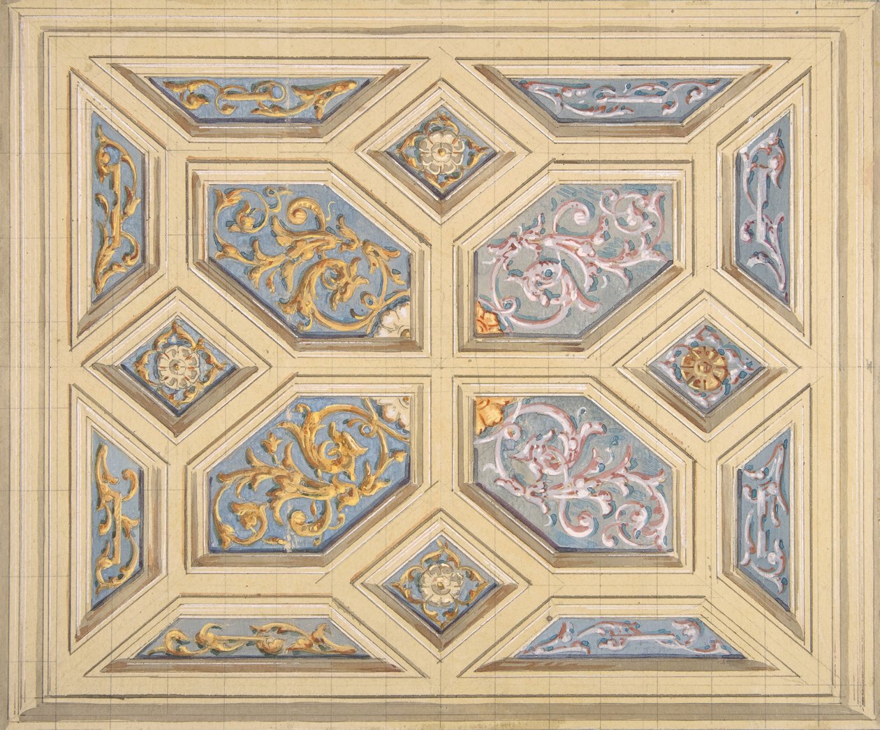 Projekt sufitu kasetonowego ozdobionego rinceaux, 1840-97. Twórcy: Jules-Edmond-Charles Lachaise, Eugène-Pierre Gourdet. autorstwa Jules Edmond Charles Lachaise and Eugène Pierre Gourdet