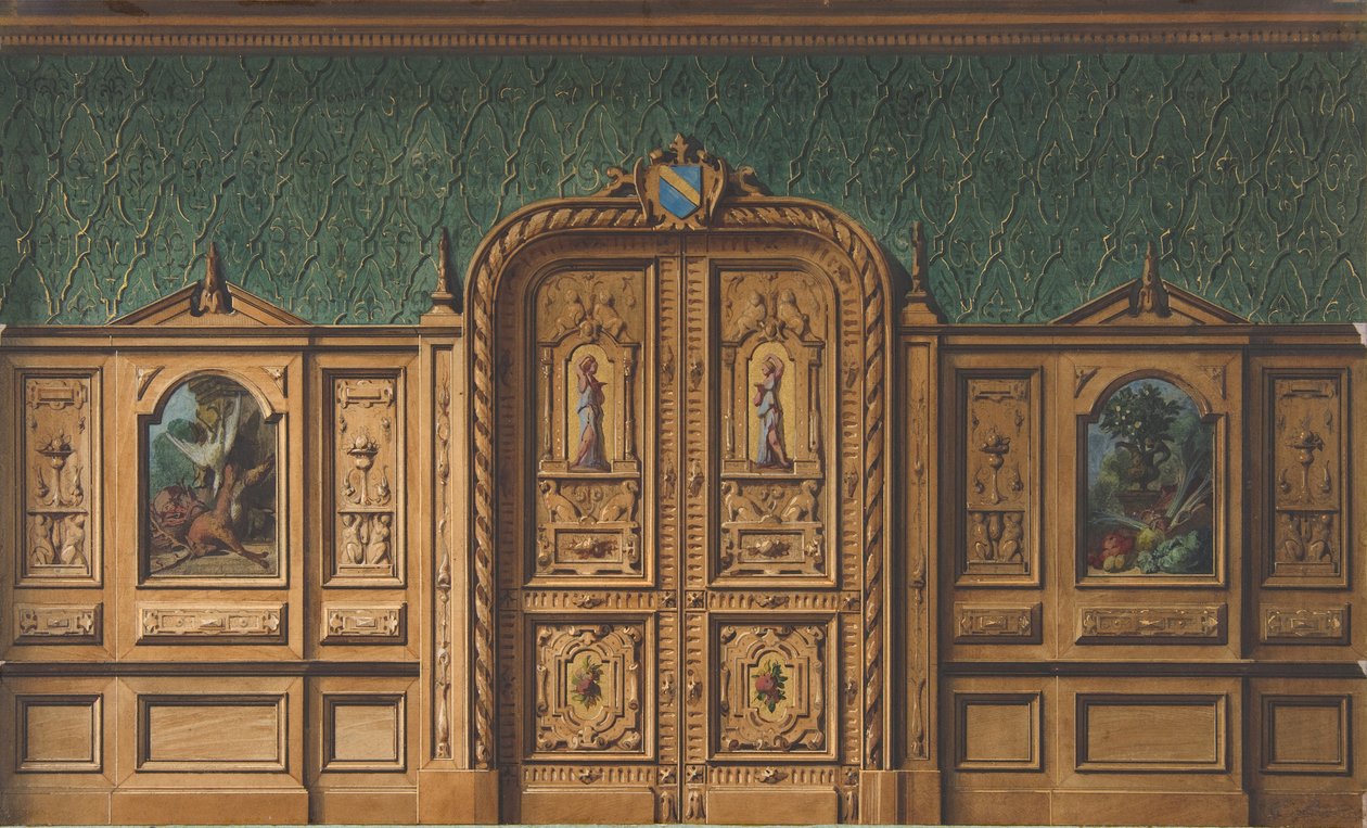 Projekt pokoju z drewnianymi panelami wstawionymi w obrazy i mocno rzeźbionymi podwójnymi drzwiami, 1830-97. Twórcy: Jules-Edmond-Charles Lachaise, Eugène-Pierre Gourdet. autorstwa Jules Edmond Charles Lachaise and Eugène Pierre Gourdet