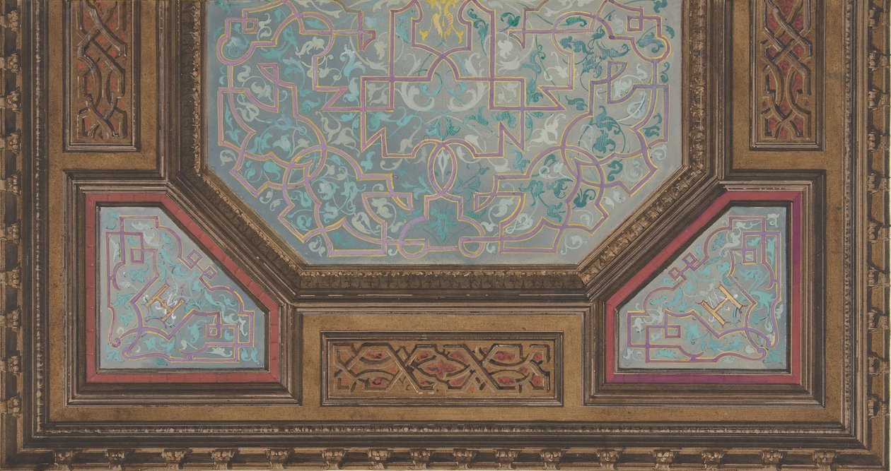 Projekt do dekoracji malarskiej sufitu kasetonowego z monogramem: H, 1830-97. Twórcy: Jules-Edmond-Charles Lachaise, Eugène-Pierre Gourdet. autorstwa Jules Edmond Charles Lachaise and Eugène Pierre Gourdet