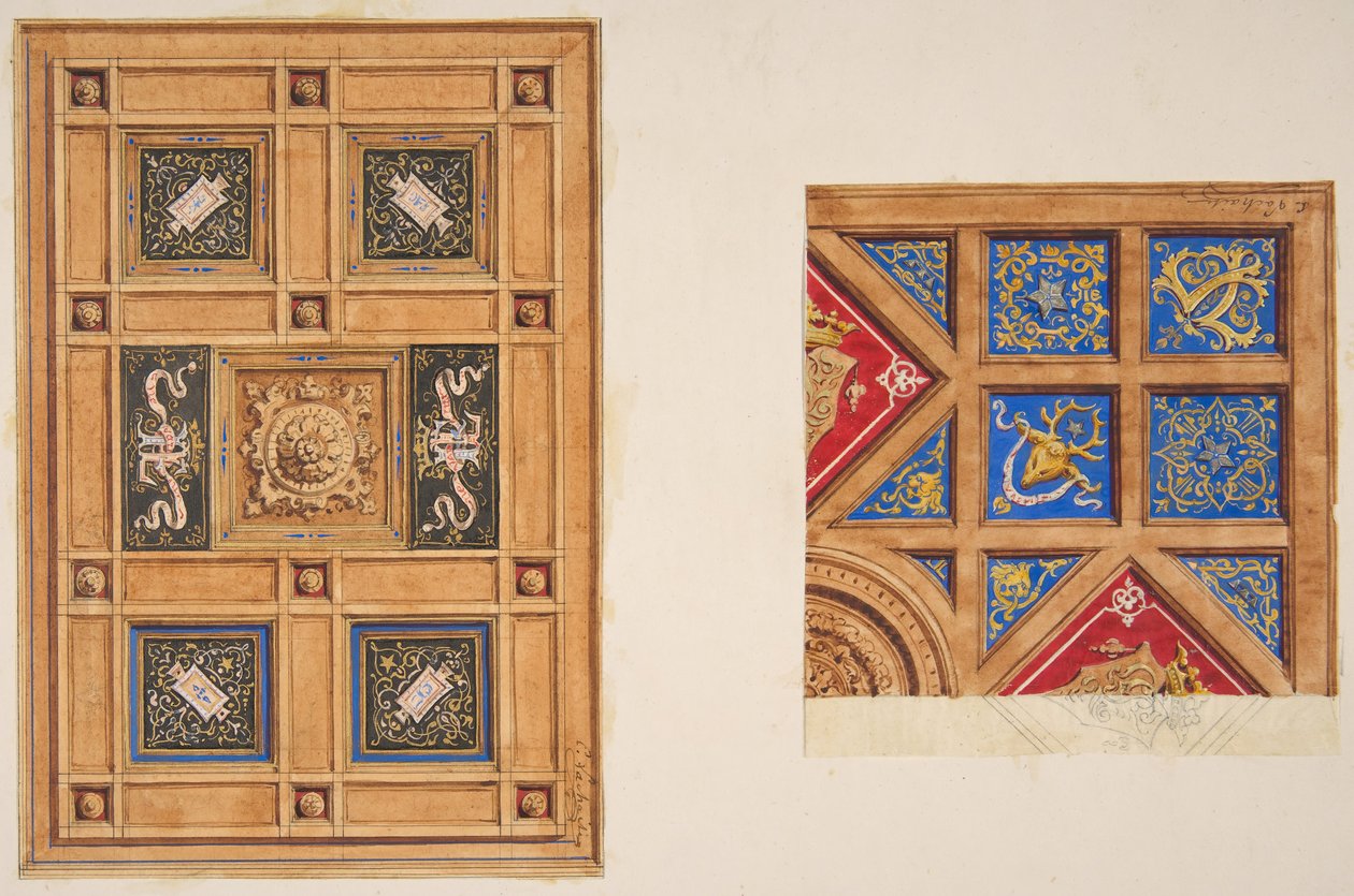 Dwa projekty sufitu panelowego z dekoracją malarską, XIX wiek. Twórcy: Jules-Edmond-Charles Lachaise, Eugène-Pierre Gourdet. autorstwa Jules Edmond Charles Lachaise and Eugène Pierre Gourdet