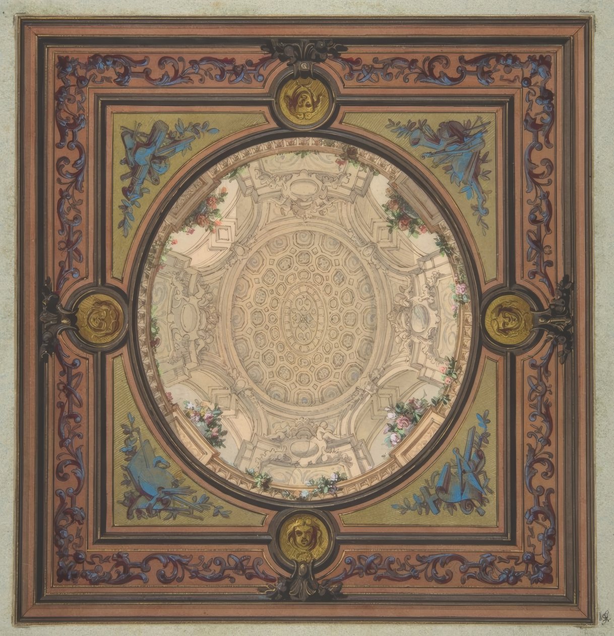 Projekt dekoracji sufitu z malowaniem kasetonowej kopuły trompe loeil autorstwa Jules Edmond Charles Lachaise