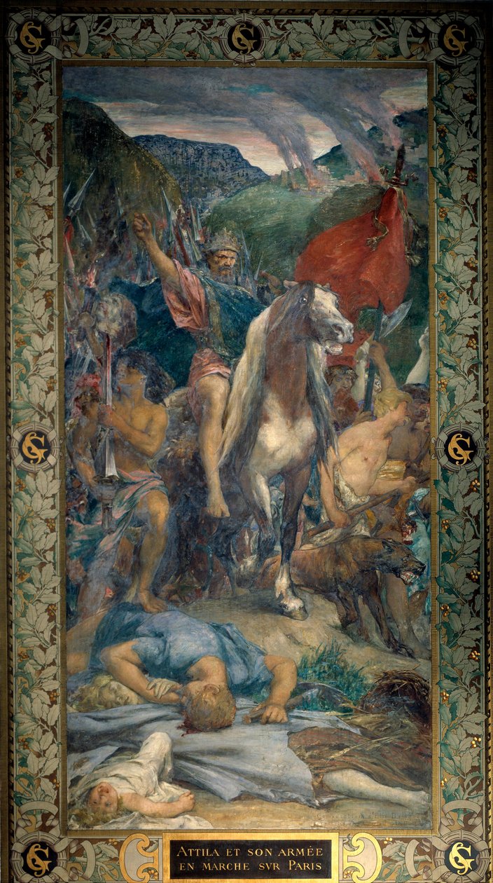 Attila (395-453) król Hunów i jego armia barbarzyńców idąca po Paryżu na fresku 450 Jules Elie Delaunay (1828-1891) XIX wiek. Paryż, Panteon autorstwa Jules Elie Delaunay