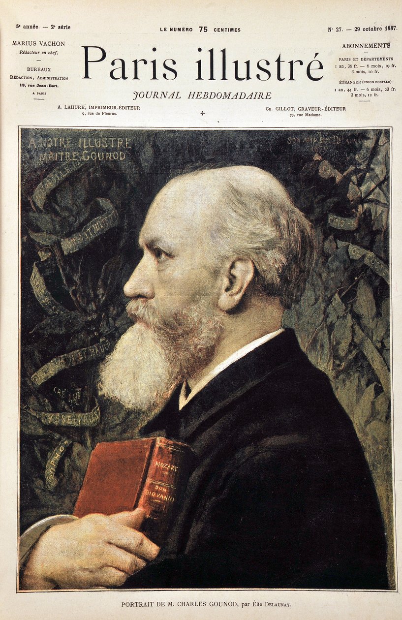 Portret Charlesa Gounoda (z partyturą Don Giovanniego (Don Juan) Mozarta) na podstawie portretu Elie Delaunaya. Rycina z 1887 r. w tygodniku „Paryż-Prześwietny””. autorstwa Jules Elie Delaunay