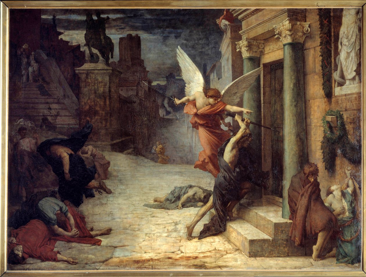 Plaga w Rzymie Alegoryczne przedstawienie kwiatu przebijającego się przez drzwi. Obraz Jules Elie Delaunay (1828-1891) 1869. Wym. 1,31 x 1,76 m Paryż, musee d