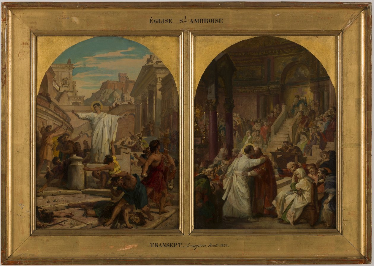 Szkic do kościoła Saint-Ambroise: Święty Augustyn kładący kres barbarzyńskiej praktyce ojców, braci i synów walczących ze sobą w celu uprawiania wojny, w latach 1872-1875 (olej na płótnie) autorstwa Jules Eugene Lenepveu