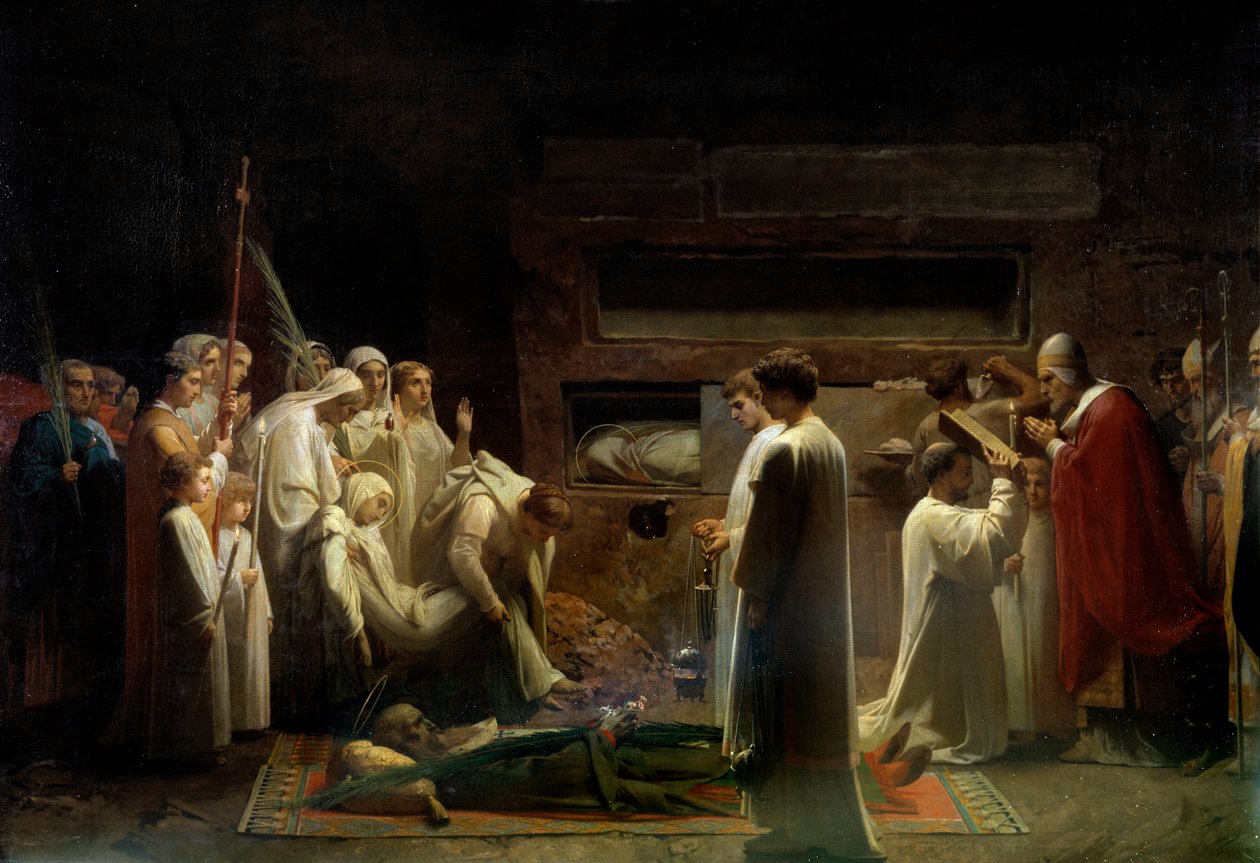 Męczennicy w katakumbach chrześcijańskiego zgromadzenia religijnego na pogrzebie pierwszych chrześcijan w Rzymie. Obraz Julesa Lenepveu (1819-1898) 1855 Nd. 1,7x3,36 m Paryż, musee d