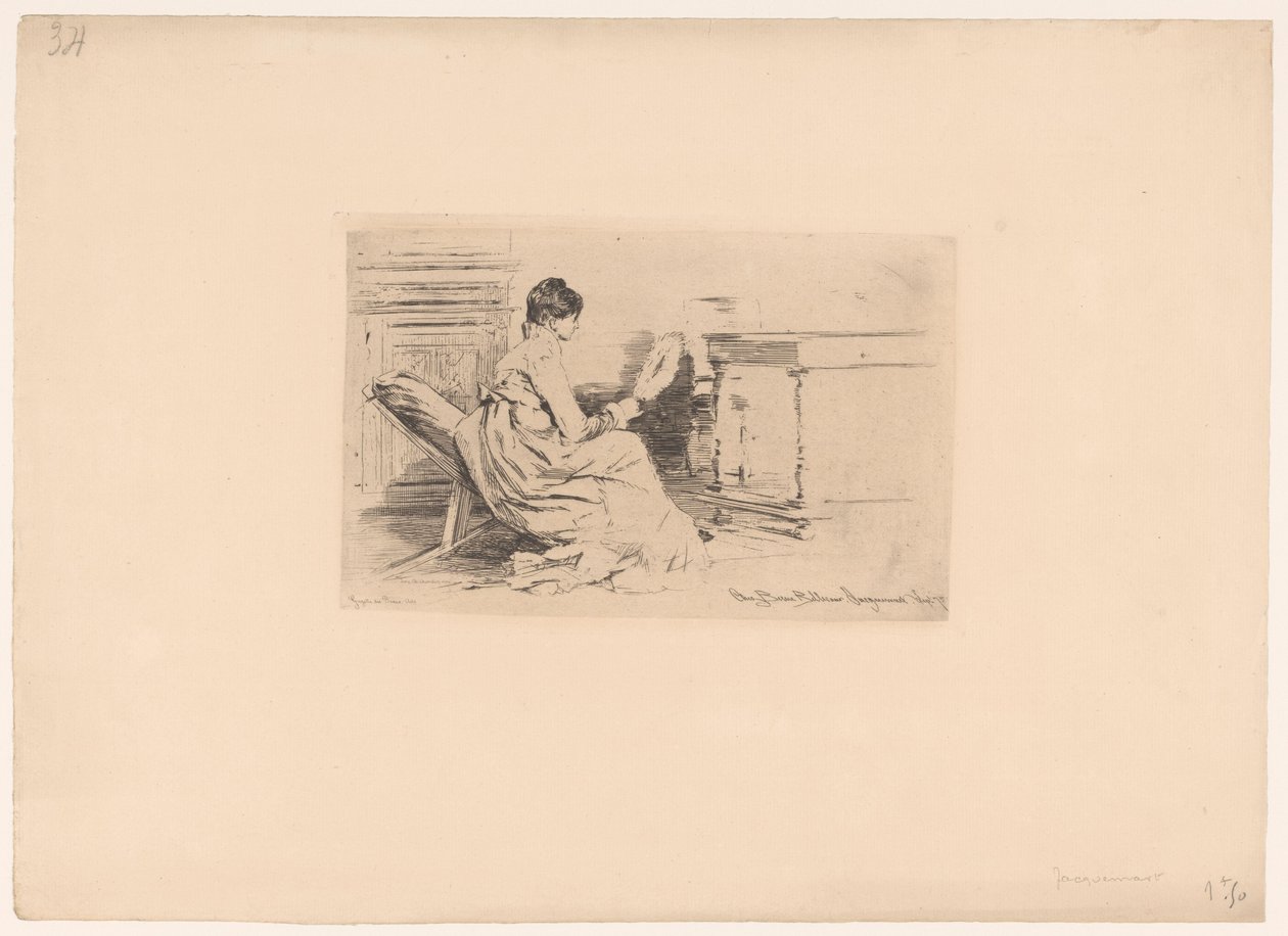 Kobieta z wentylatorem na niskim krześle autorstwa Jules Ferdinand Jacquemart (attributed to)
