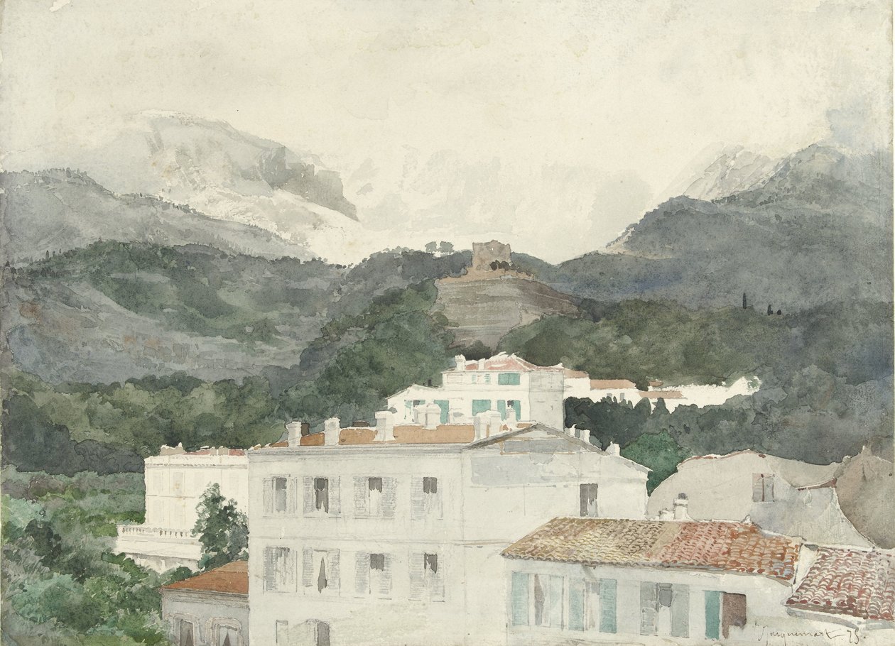 Wiejskie domy u podnóża gór, przed nami wysokie góry, La Turbie autorstwa Jules Ferdinand Jacquemart