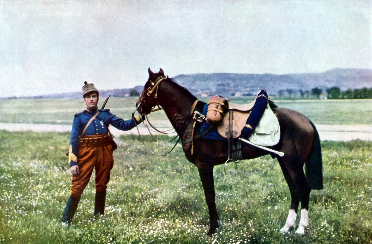 Francuski brygadier i jego koń podczas bitwy nad Marną na wschód od Paryża, wrzesień 1914 (autochrome) autorstwa Jules Gervais Courtellemont