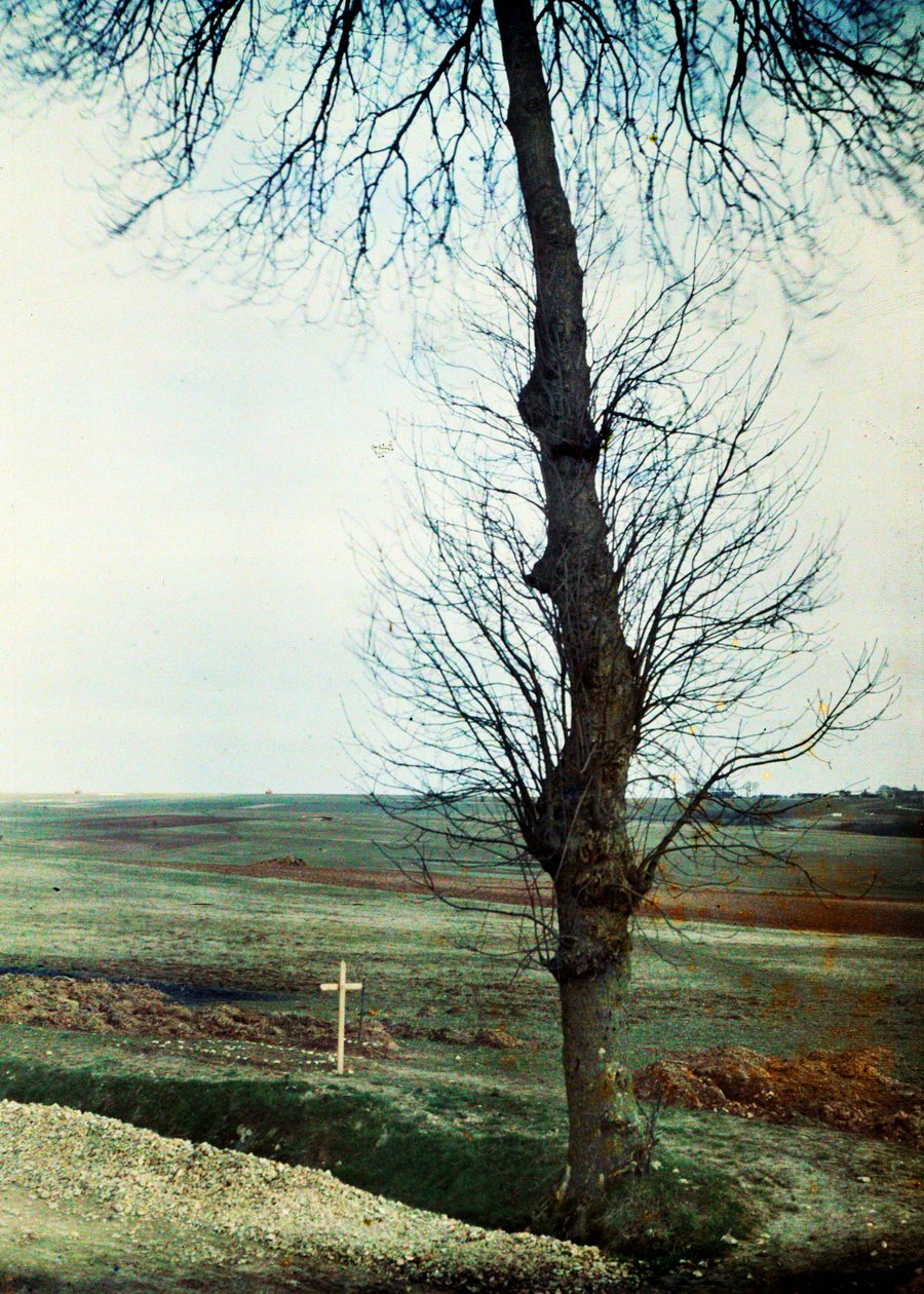 Grób z kilkoma zabitymi na poboczu drogi podczas bitwy nad Marną na wschód od Paryża, wrzesień 1914 (autochrom) autorstwa Jules Gervais Courtellemont