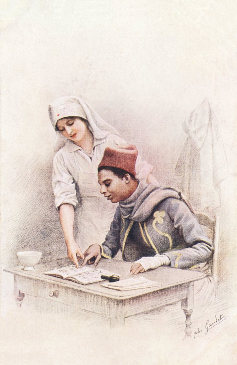 Lekcja czytania. Pocztówka „Wojna narodów” przedstawiająca pielęgniarkę Czerwonego Krzyża uczącą się czytać senegalskiemu szewcowi autorstwa Jules Girardet