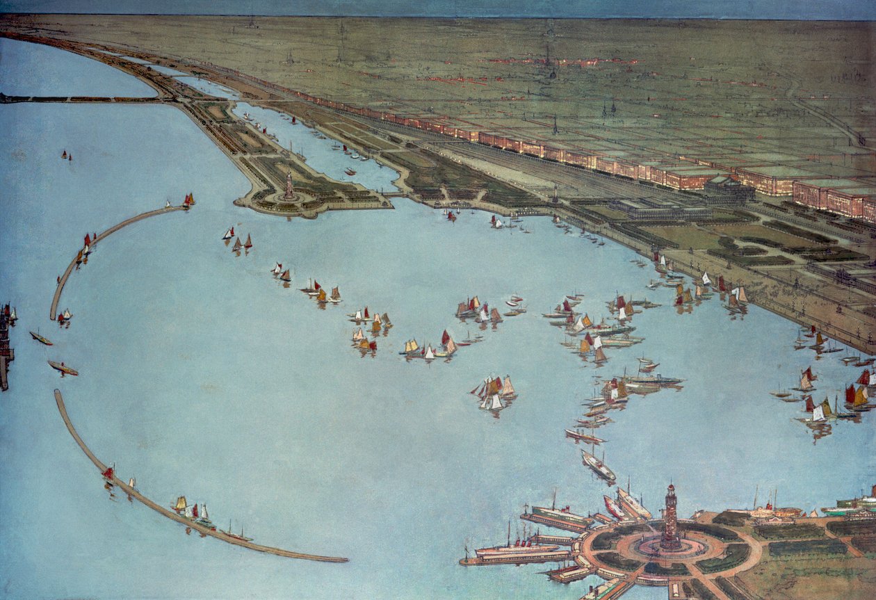 Widok z lotu ptaka w nocy w Grant Park, Chicago autorstwa Jules Guerin