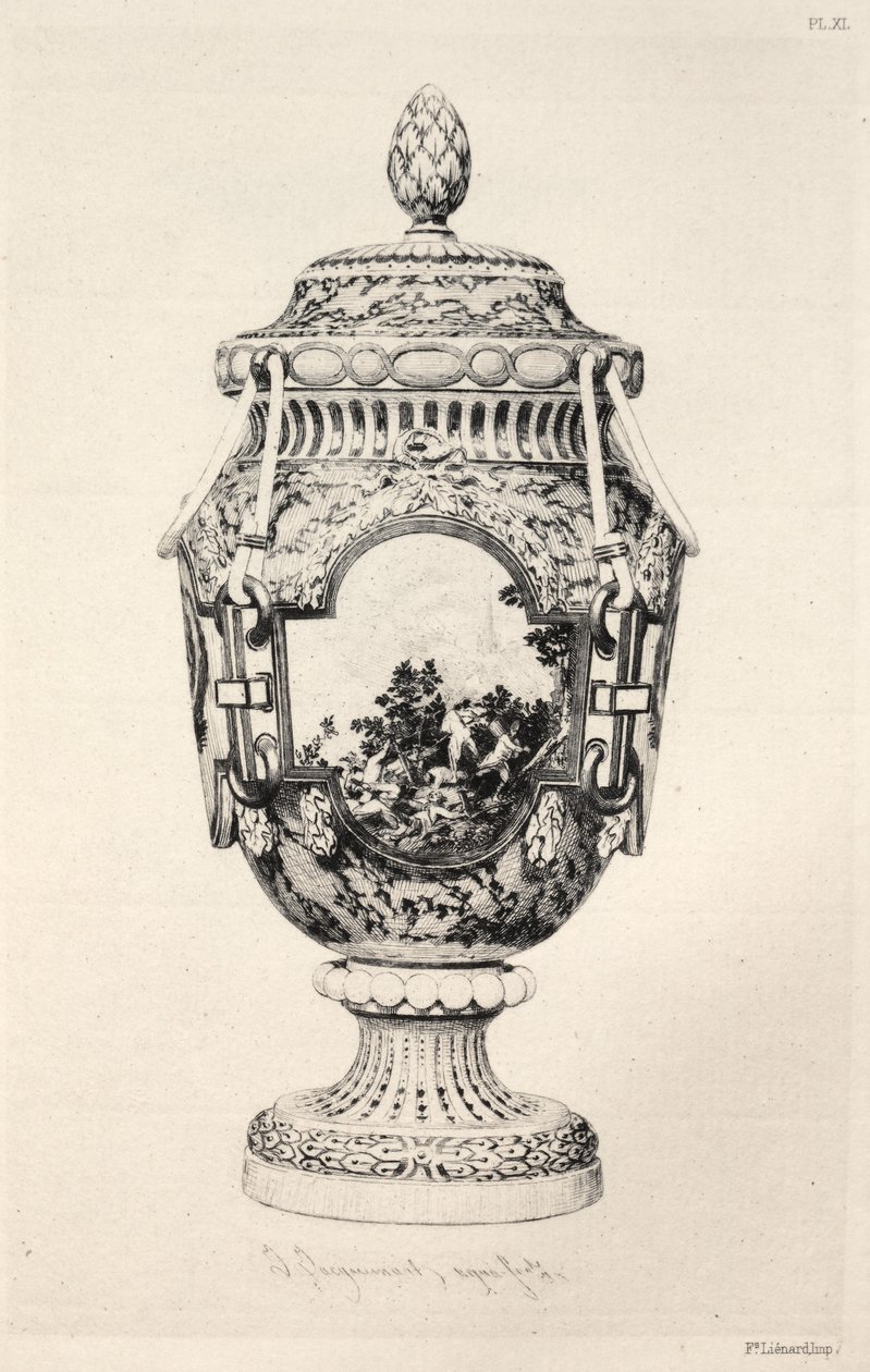 Historia sztuki ceramicznej: Opisowe i filozoficzne studium ceramiki wszystkich wieków i narodów: Francja: Sèvres- Miękka Porcelana- Waza, Upamiętniająca Bitwę pod Fontenoy (Płyta XI) autorstwa Jules Jacquemart