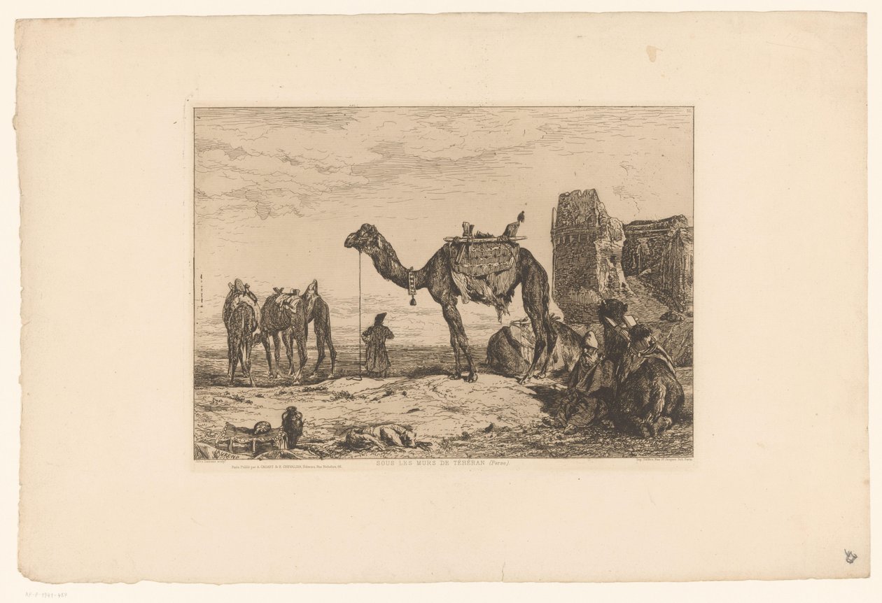 Krajobraz z wielbłądami w ruinie Sous les murs de Téhran (Perse) (tytuł na obiekcie) autorstwa Jules Joseph Augustin Laurens