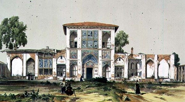 Zabytkowy Pałac Asterabad, Persja, tablica 84 z "Podróży w Turcji i Persji", rytowany przez artystę (litografia) autorstwa Jules Joseph Augustin Laurens