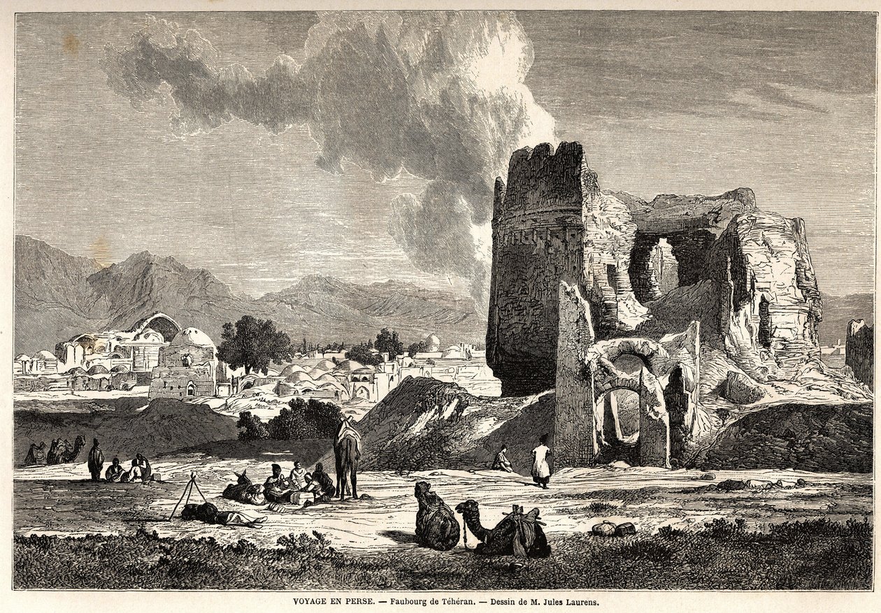 Przedmieścia Teheranu (dzisiejszy Iran). Rysunek Julesa Laurensa (1825-1901), ilustrujący podróż Arthura Gobineau do Persji w latach 1855-1858. Rycina w „” Le tour du monde, nouveau journal des voyages”” Paryż autorstwa Jules Joseph Augustin Laurens