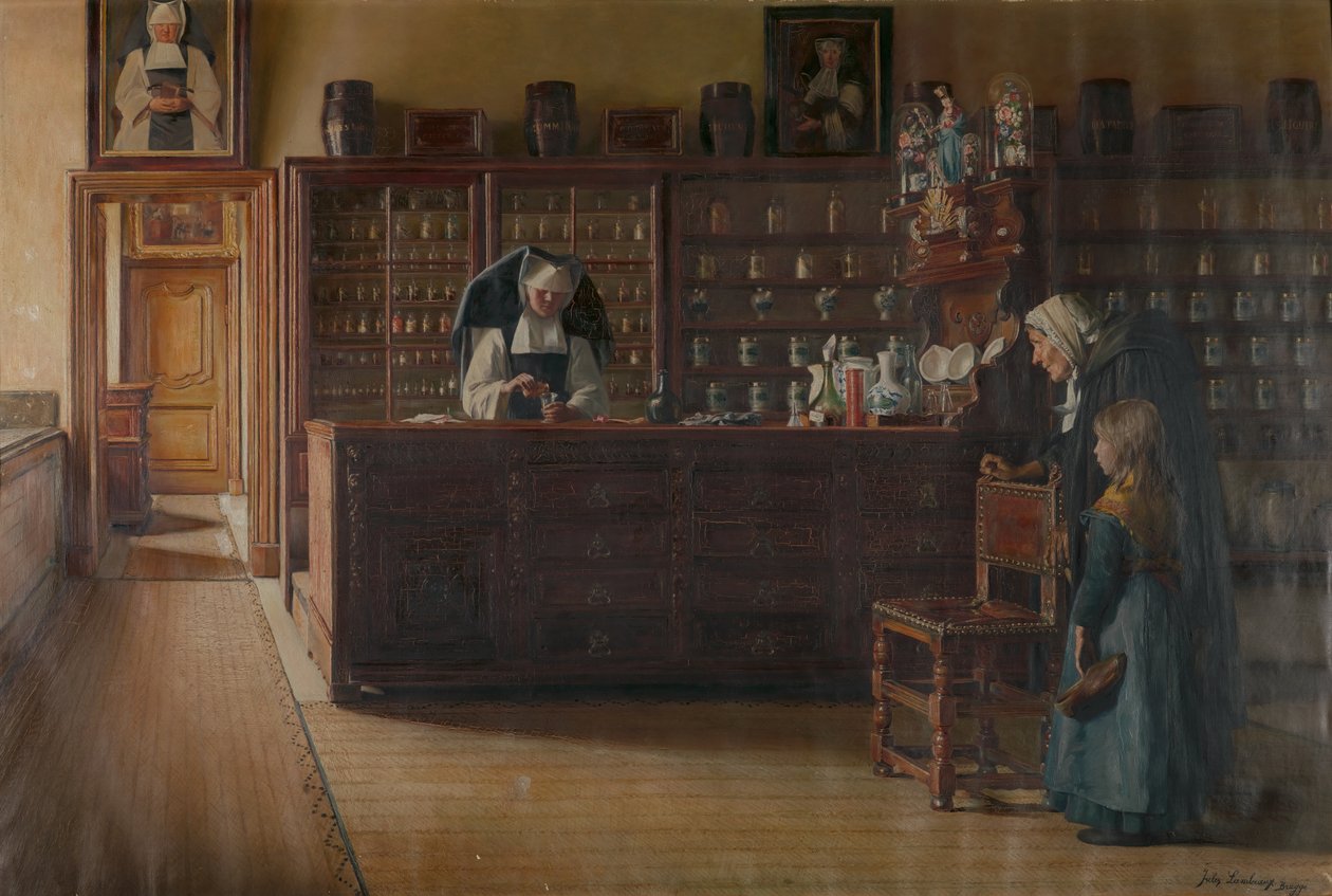 Apteka w Sint-Janshospitaal w Brugii (olej na płótnie) autorstwa Jules Lambeaux