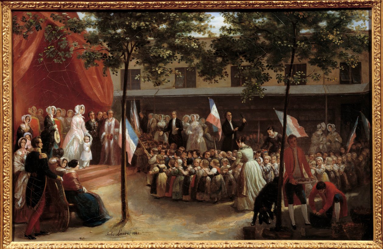 Helene-Louise de Mecklenburg-Schwerin, księżna Orleanu (1814-1858) i jej syn, hrabia Paryża (1838-1894) odwiedzający paryski pokój dla azylantów (przy rue Saint Hippolyte?). Dwóch bohaterów na scenie zostaje przedstawionych z dziećmi organizacji charytatyw autorstwa Jules Laure