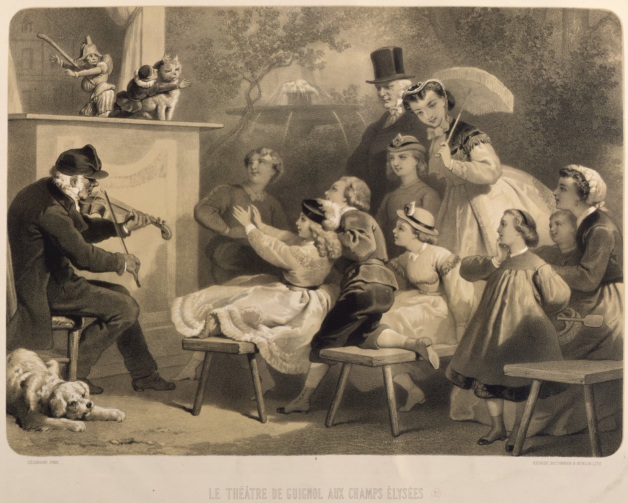 Teatr Guignol, Champs-Elysees, ryty: Claude Regnier (fl.1840-66) Bettanier i Morion autorstwa Jules Marie Desandre