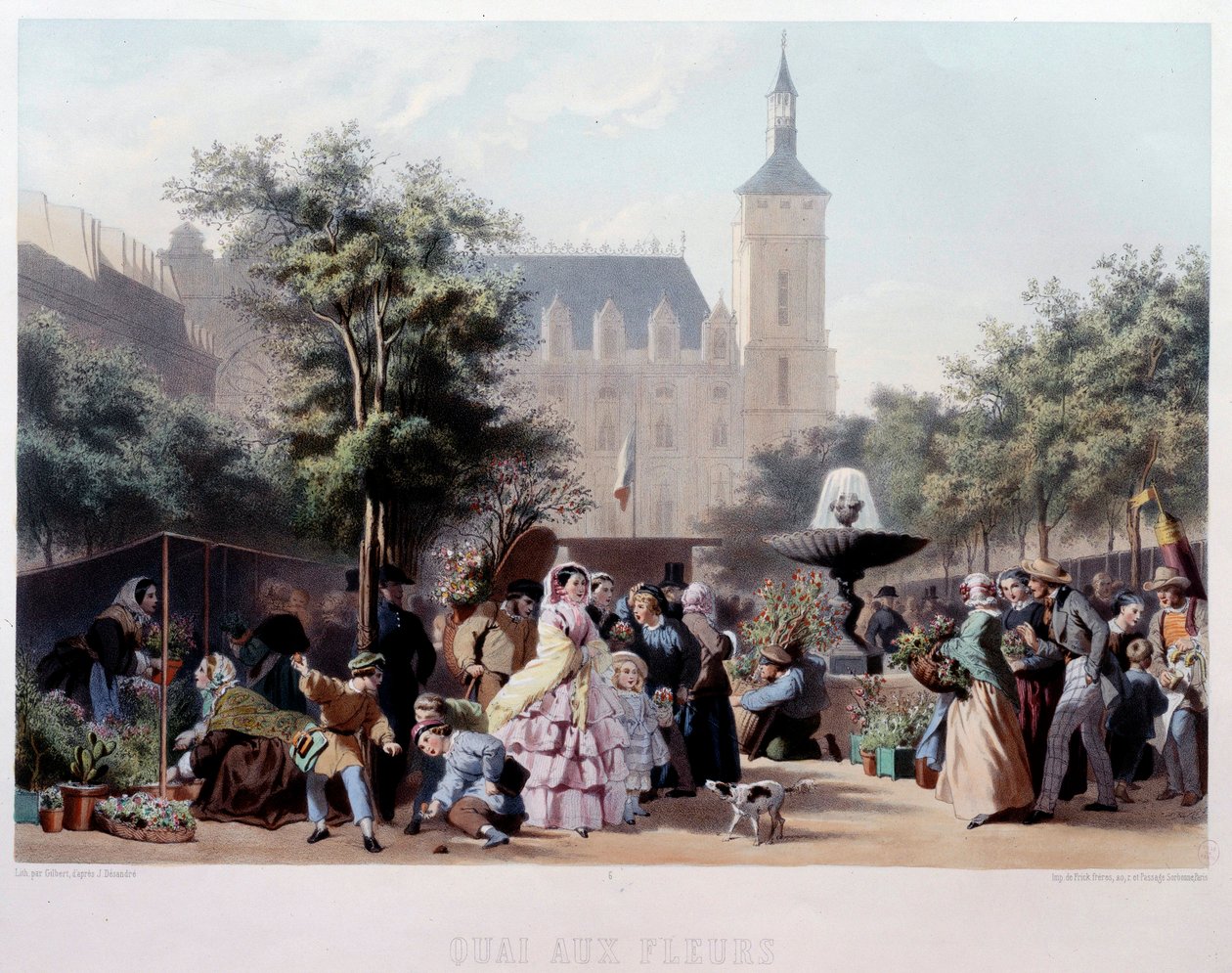 Widok na Quai aux Fleurs w Paryżu Spacer po Ile de la Cite. Litografia Jules Marie Desandre (1845-?) XIX-wieczny Paryż, Musee Carnavalet autorstwa Jules Marie Desandre