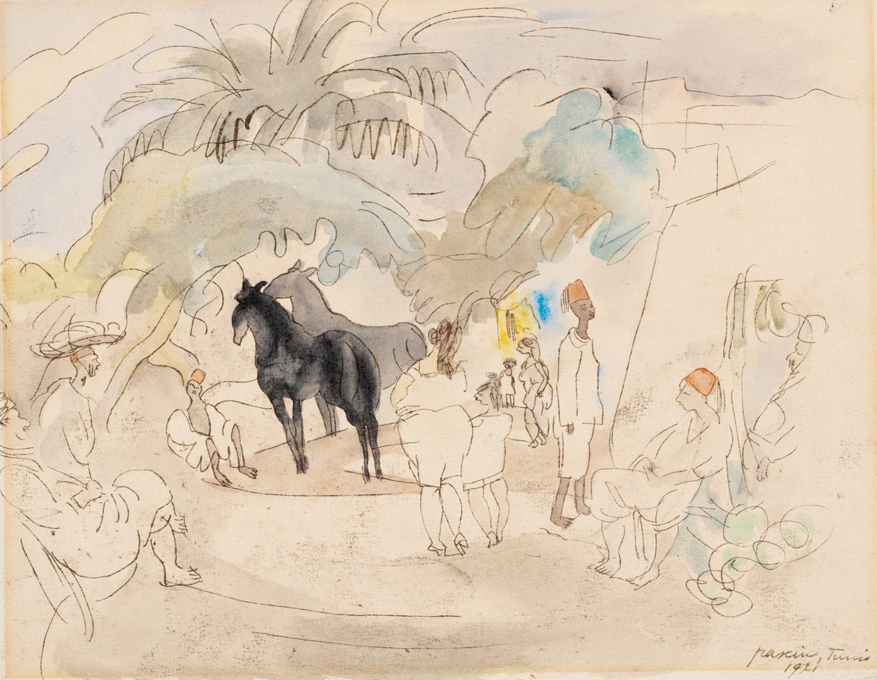 Postacie i dwa konie w krajobrazie autorstwa Jules Pascin