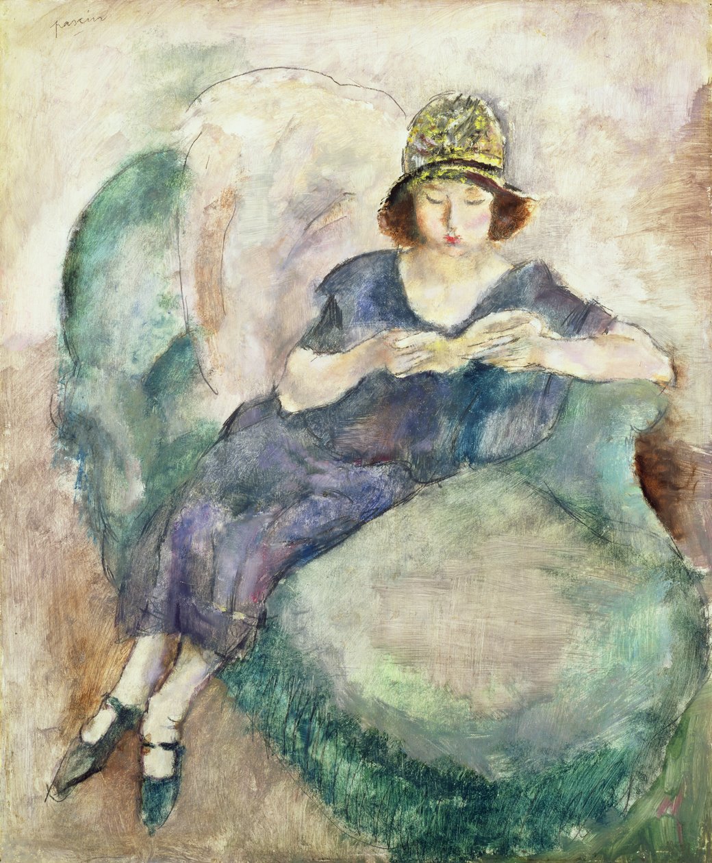 Dziewczyna w niebieskim czytaniu na kanapie, 1926-27 autorstwa Jules Pascin