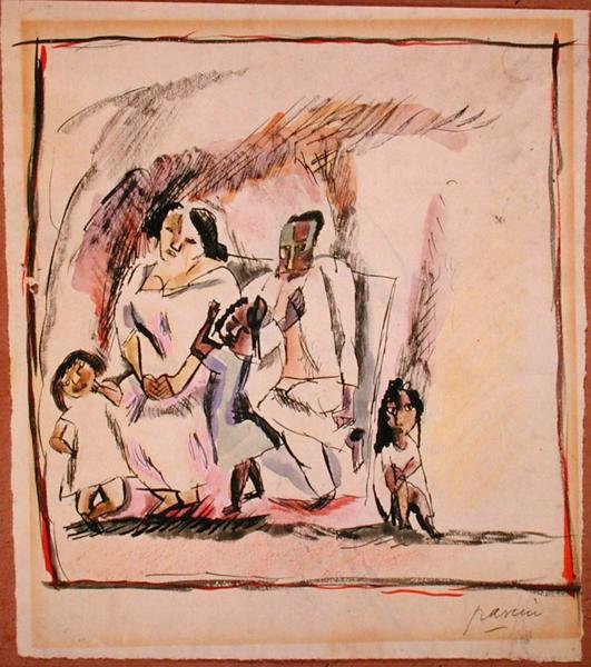 Matka, tata i troje dzieci (akwarela na papierze) autorstwa Jules Pascin