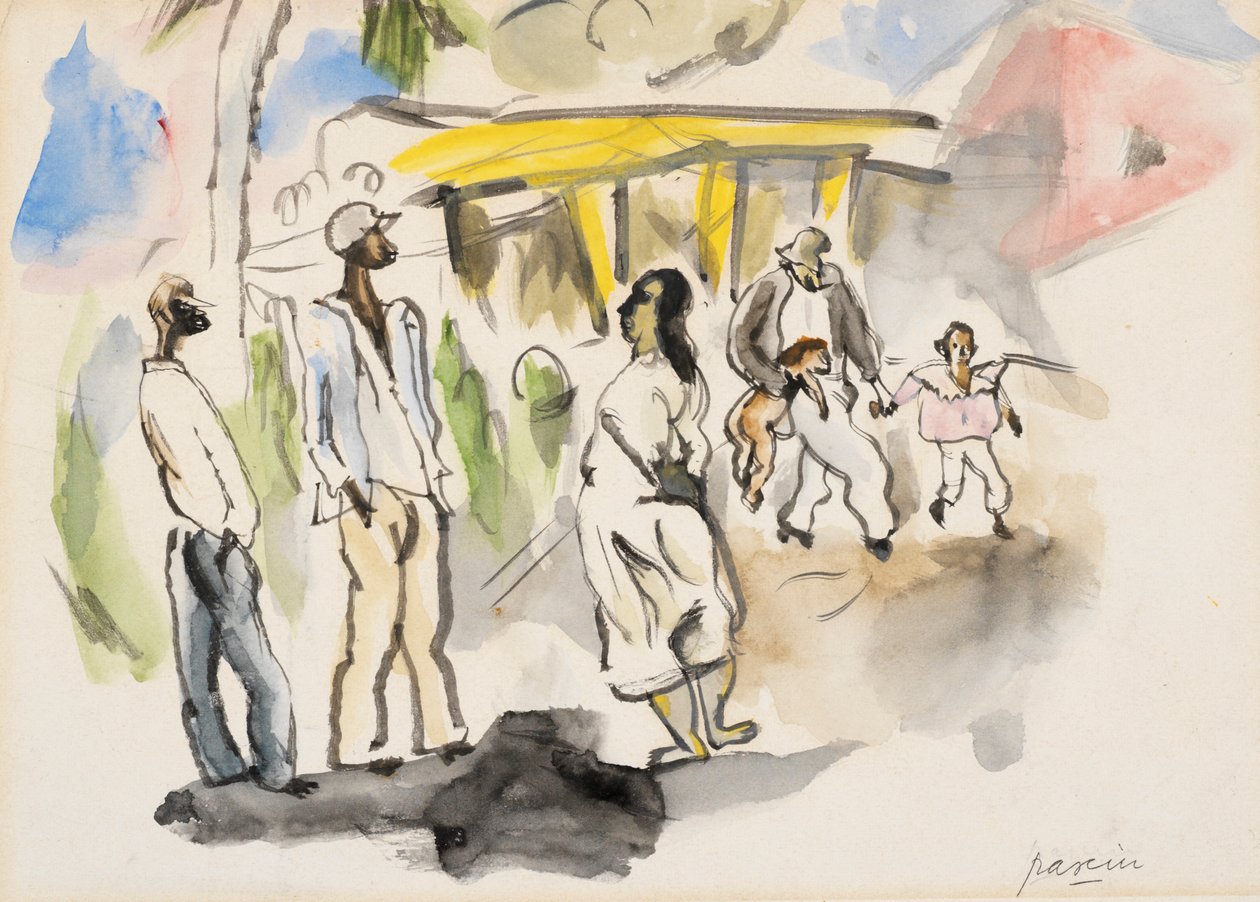 Scena południowa: czworo czarnych, dwoje dzieci (WC na papierze) autorstwa Jules Pascin