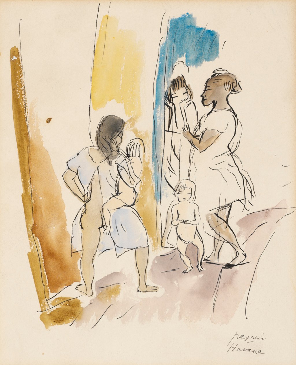 Trzy kobiety i dwoje dzieci, Hawana (wc na papierze) autorstwa Jules Pascin