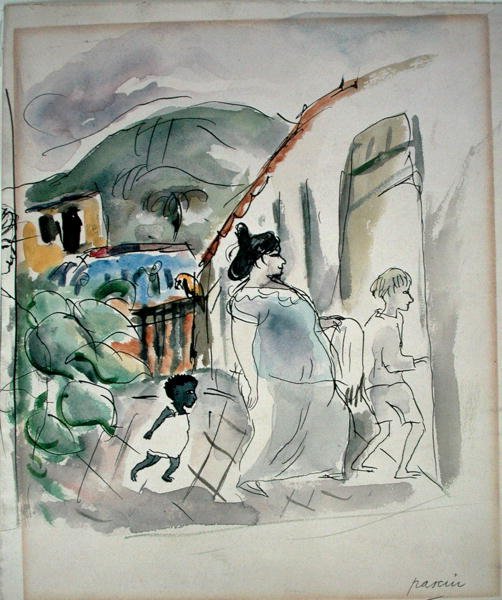 Kobieta i dwoje dzieci (akwarela na papierze) autorstwa Jules Pascin