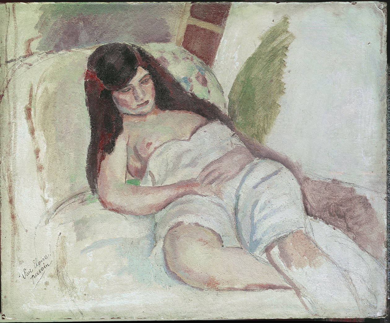 Kobieta leżąca (z napisem Vive Elvire). (olej na drewnie, XX w.) autorstwa Jules Pascin