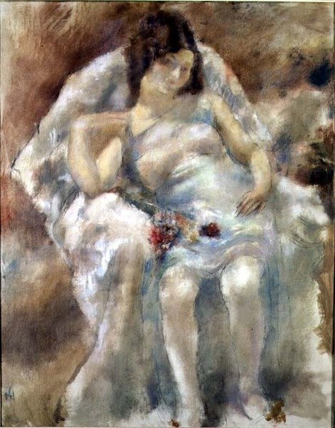 Młoda kobieta siedząca z kwiatami autorstwa Jules Pascin