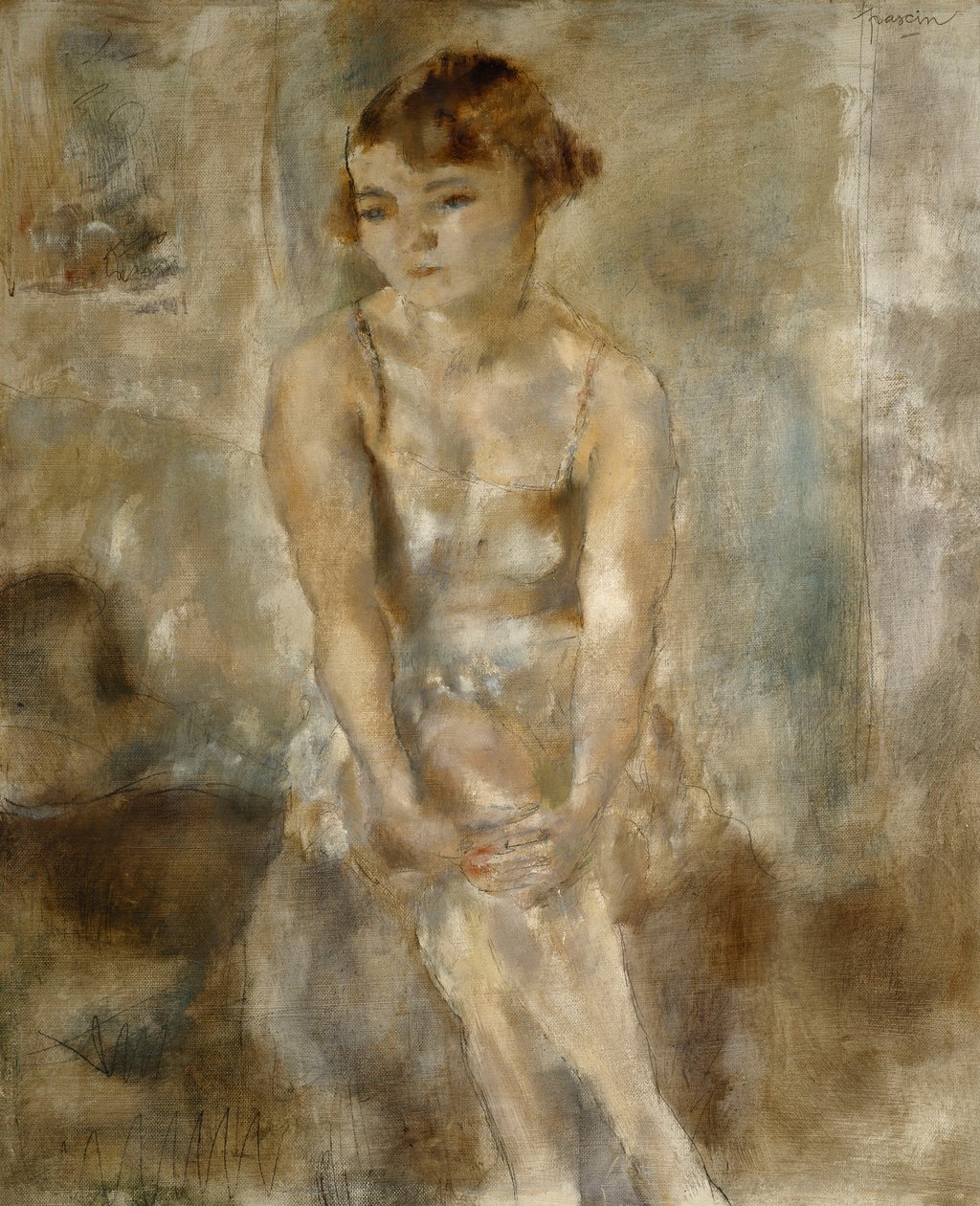 Młoda kobieta siedzi w koszuli; Młoda kobieta siedząca w koszulce, 1923 autorstwa Jules Pascin