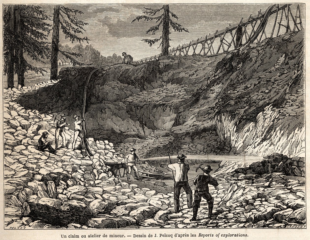 Roszczenie lub warsztat górniczy w Kalifornii, rysunek Julesa Pelcoqa, ilustrujący historię podróży barona de Wogana do Kalifornii w latach 1850-1852. Grawerowanie w „”Le tour du monde, nouveau journal des voyages””Paryż autorstwa Jules Pelcoq