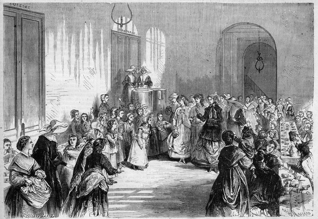 Imperator Eugenia de Montijo (1826-1920) żona Napoleona III, uczestnicząca w posiłku dla dzieci w refektarzu domu szpitalnego Eugeniusz Napoleon (Eugeniusz Napoleon) w pobliżu Barriere du Trone w Paryżu. Z rysunku Julesa Pelcoqa. Grawerowanie w „”The autorstwa Jules Pelcoq