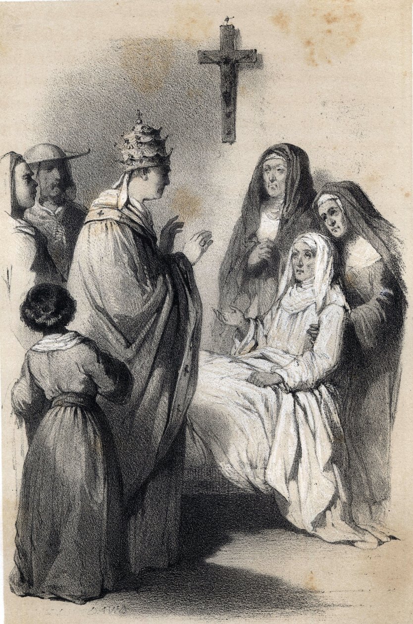 Reprezentacja św. Klary (Chiary) z Asyżu (ok. 1192-1253), założycielki zakonu klarysek w „Wielkich kobietach Europy”. Hrabina Drohojowska z domu Symon of Latreiche. Ilustrujące rysunki Julesa Davida i Raunheima. około 1850 autorstwa Jules and Raunheim Hermann David