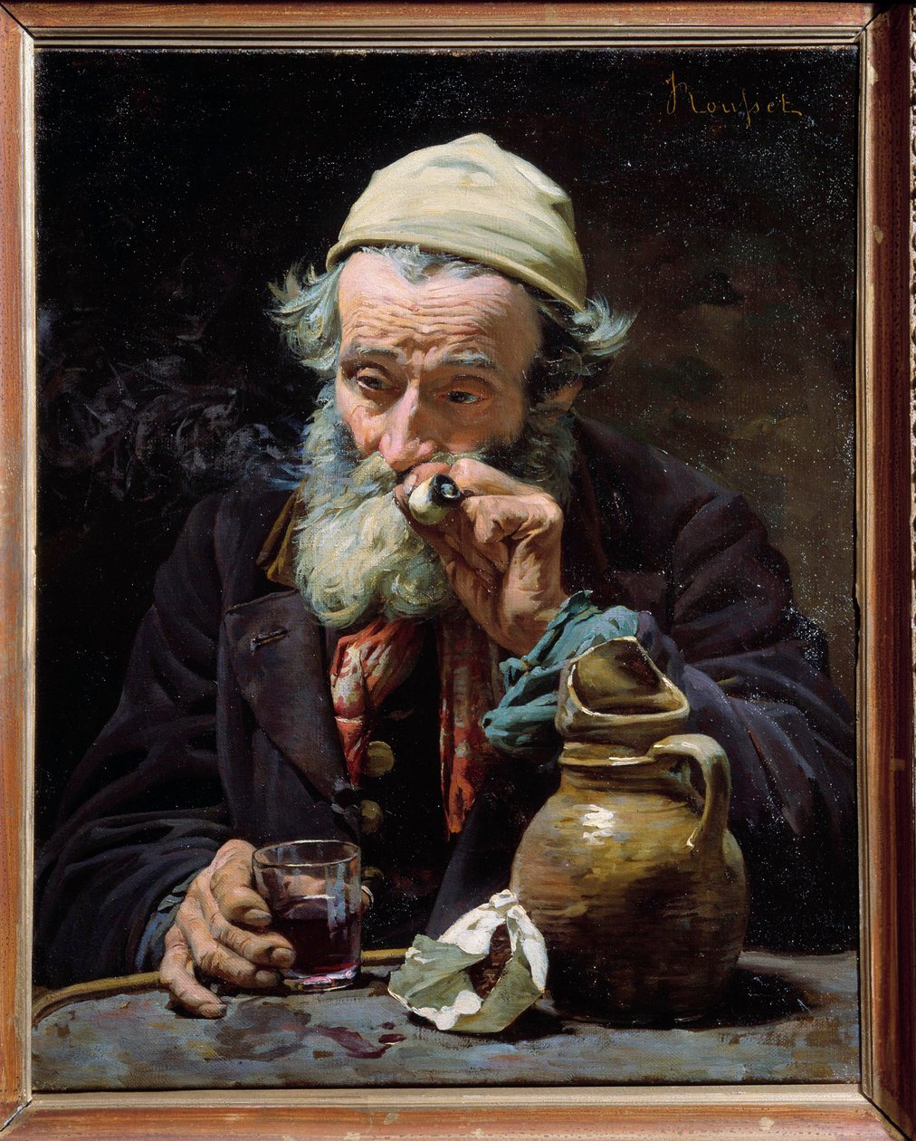 Pijący Stary mężczyzna palący fajkę i pijący kieliszek wina. Obraz Julesa Rousseta (1840-?) XIX-wieczny Orlean, Muzeum Sztuk Pięknych autorstwa Jules Rousset